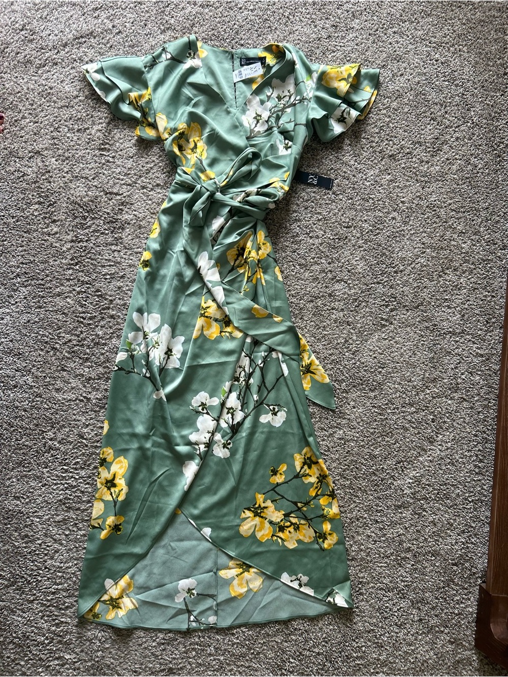 New York & Company Green Floral Wrap Maxi Dress with Yellow & White Blooms